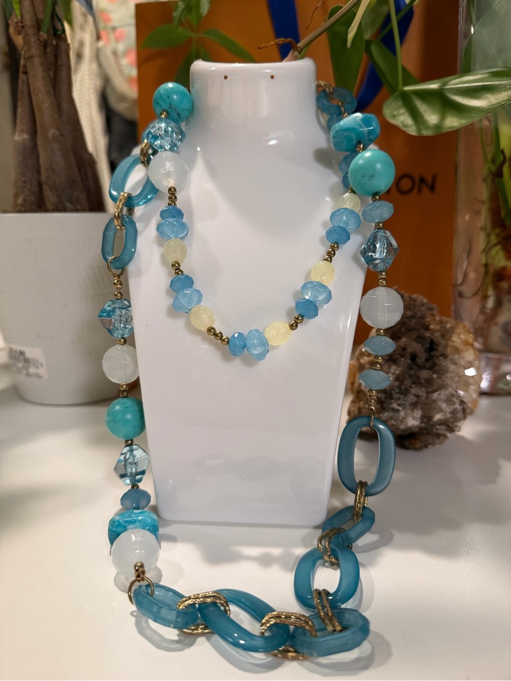 Elegant Blue Bead & Chain Necklace - Unbranded